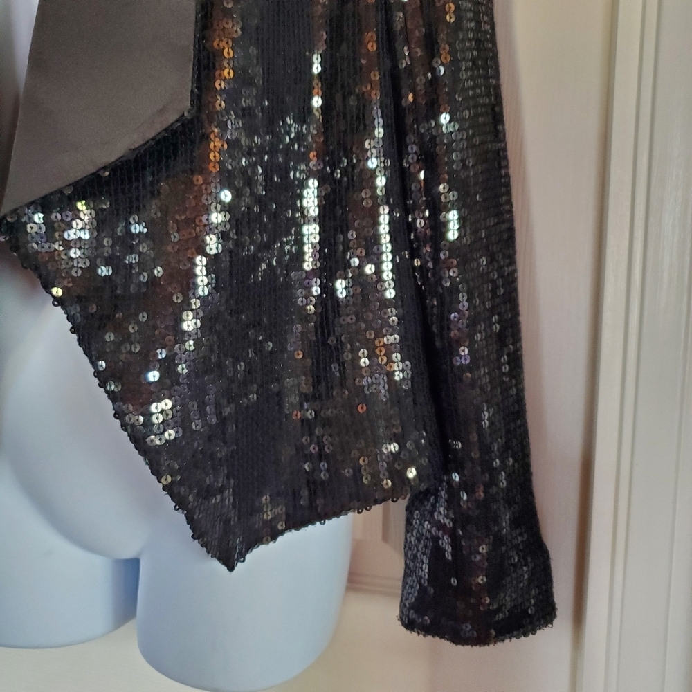 Alice + Olivia Black Warren Sequined Open Blazer Jacket Black Satin Collar Open - Picture 6 of 15